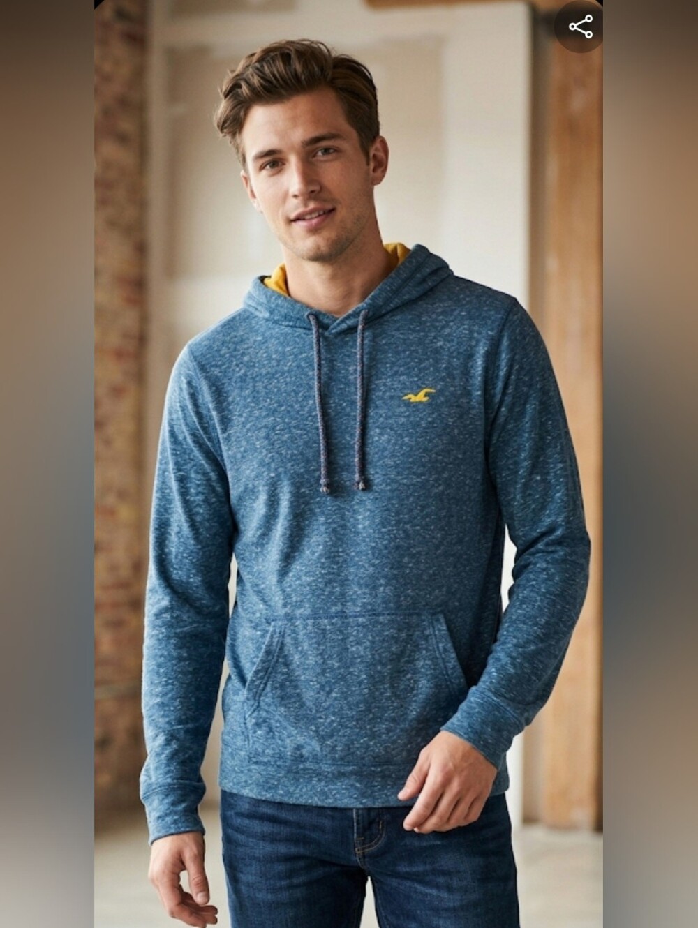 Hollister Blue Marled Hooded Pullover with Yellow Logo